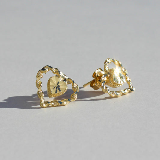 rope bordered heart 14kt gold earrings